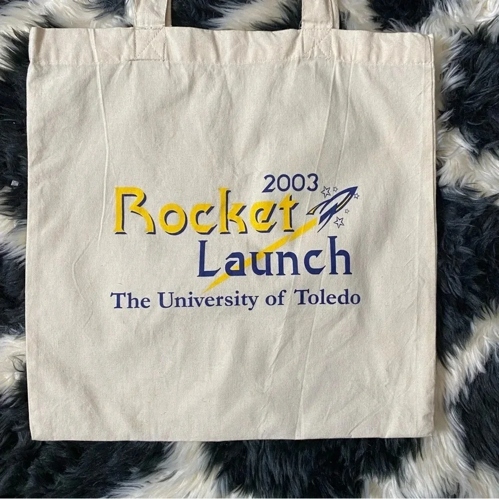 Vintage University of Toledo Ohio 2003 Beige Rocket Launch Canvas Tote Bag
